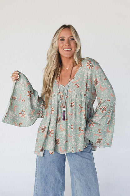 Brea Mixed Print Top by Three Birds Nest - Sage Floral Print