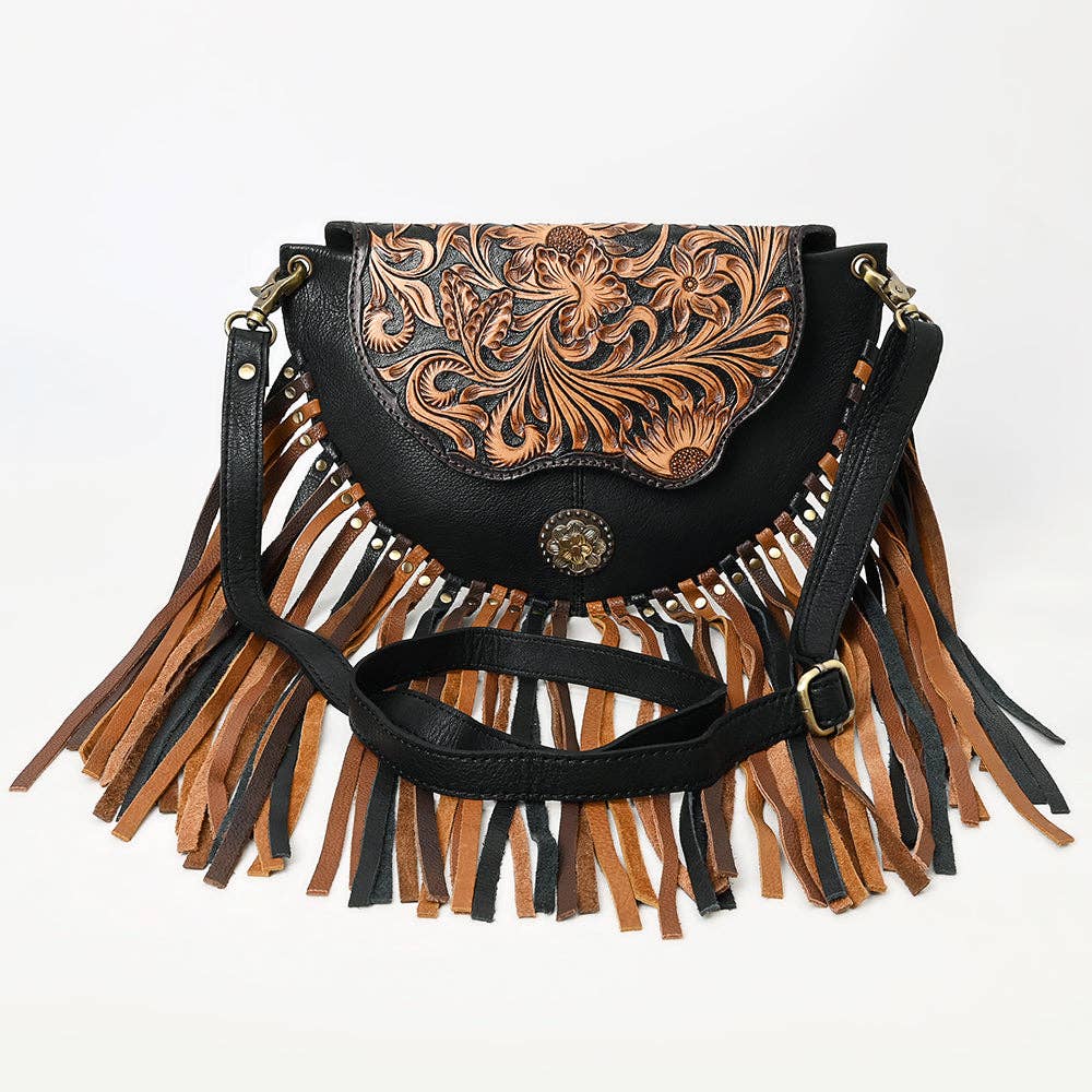 Genuine Leather Tooled Crossbody Fringe Bag