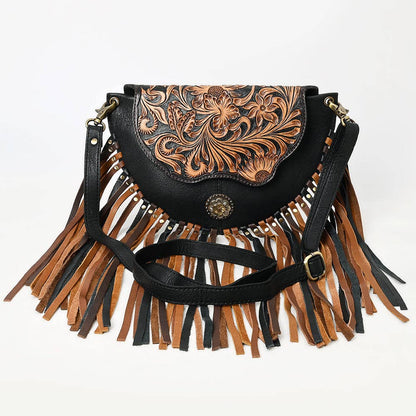 Genuine Leather Tooled Crossbody Fringe Bag