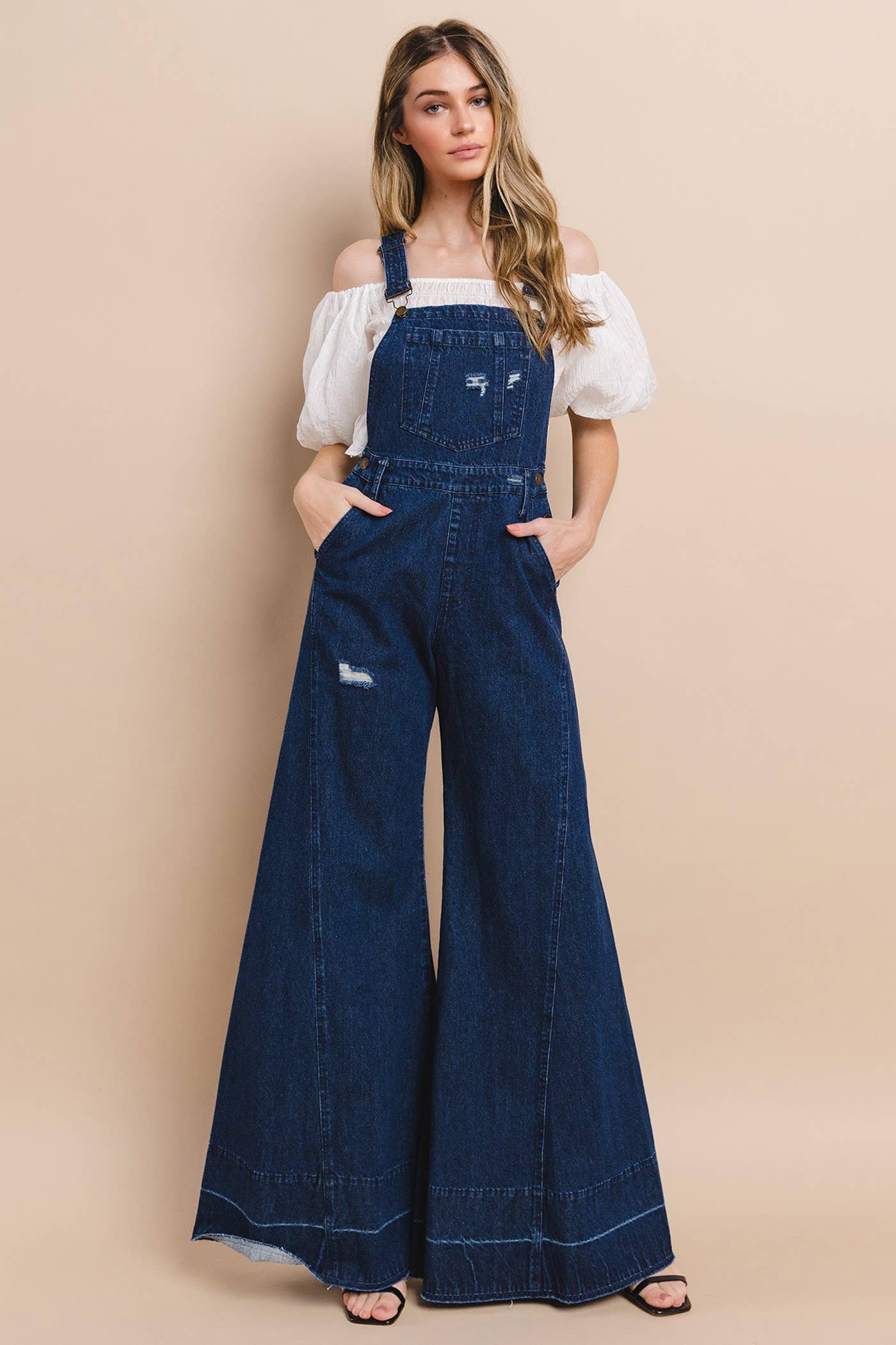 Wisteria Lane Wide Leg Denim Flare Overalls - dark denim