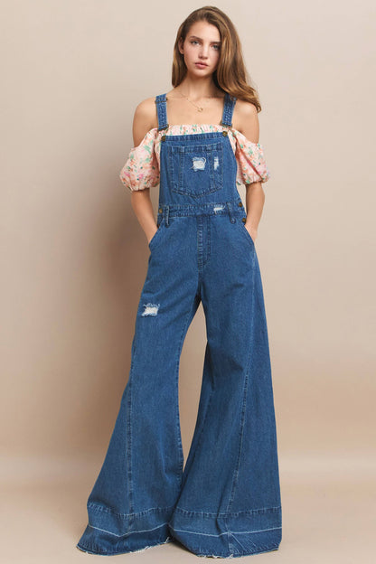 Wisteria Lane Wide Leg Denim Flare Overalls - medium denim