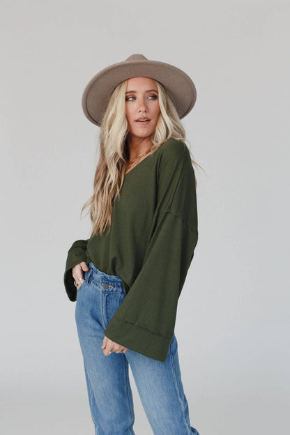 Three Bird Nest - Love It V Neckline Sweater Top - Olive