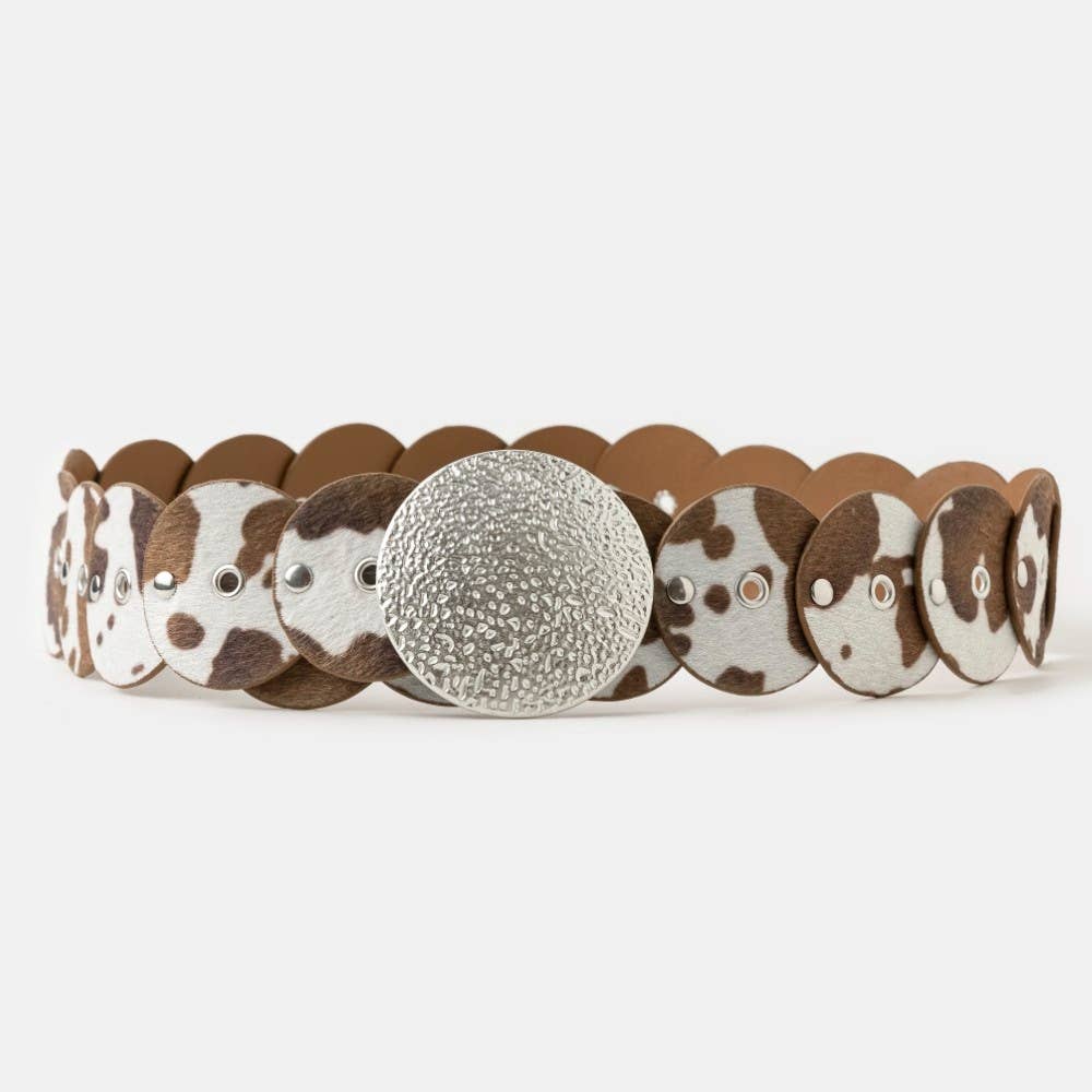 Faux Cowhide Large Round Buckle Belt