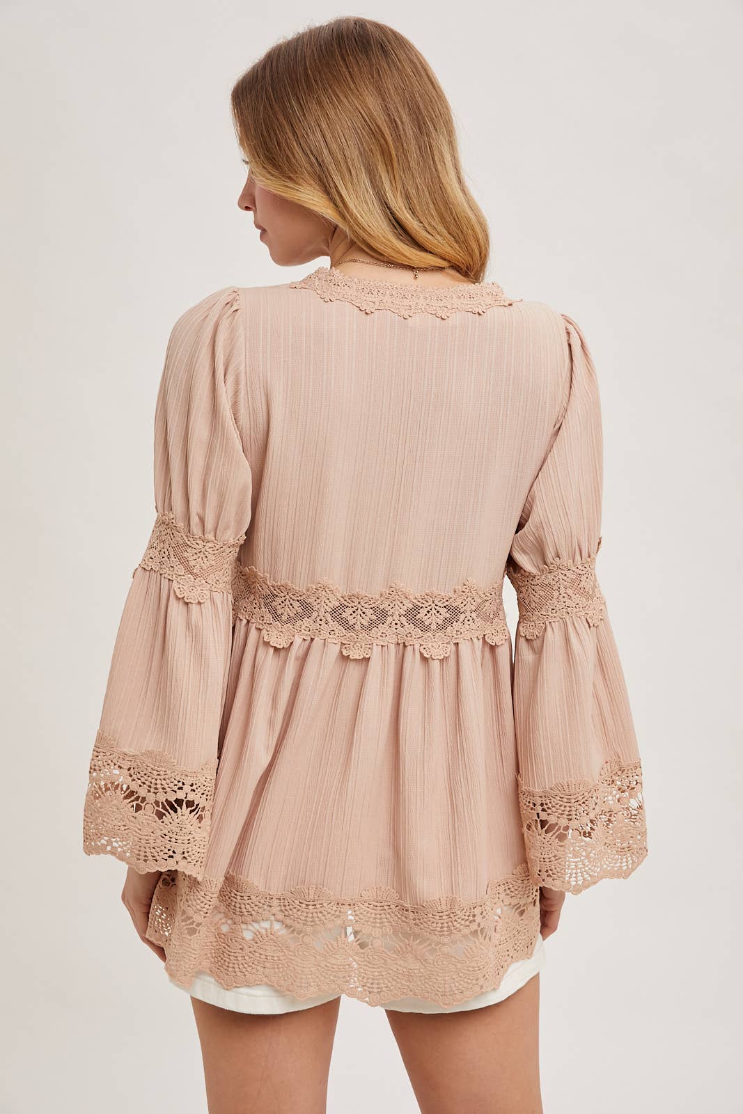 The Georgia Lace Trimmed Bell Sleeve V-Neck Blouse