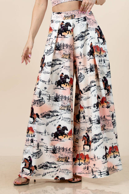 Hilda Vintage Western Print Wide Leg Pants
