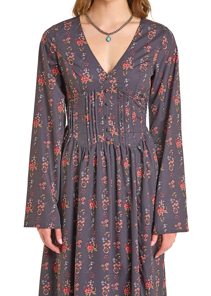 Floral Printed Dress with Bell Sleeves by Rock and Roll Denim