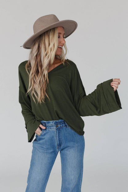 Three Bird Nest - Love It V Neckline Sweater Top - Olive