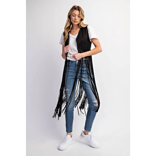 Suede Studded Fringe Vest - Black