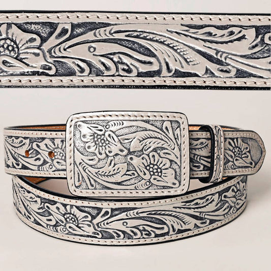 Hand Tooled Genuine Leather Belt and Buckle - Grey
