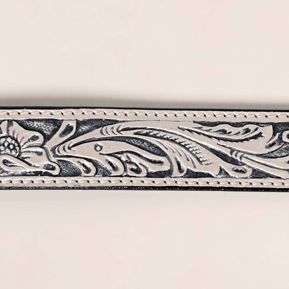 Hand Tooled Genuine Leather Belt and Buckle - Grey
