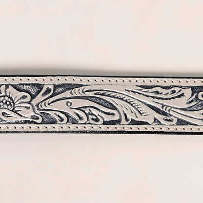 Hand Tooled Genuine Leather Belt and Buckle - Grey