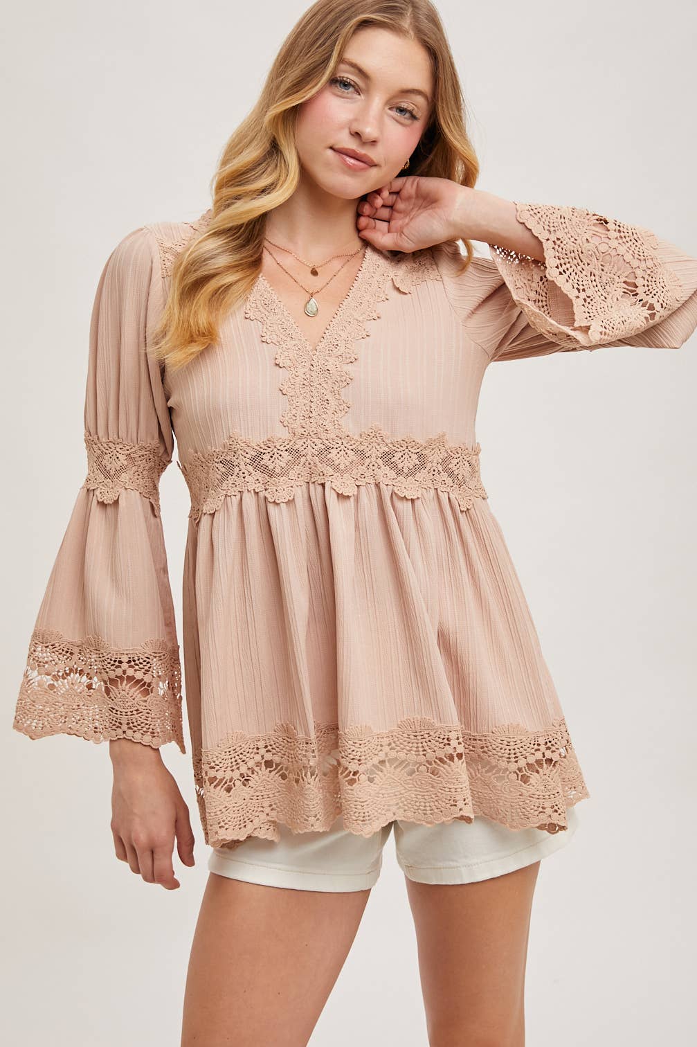 The Georgia Lace Trimmed Bell Sleeve V-Neck Blouse