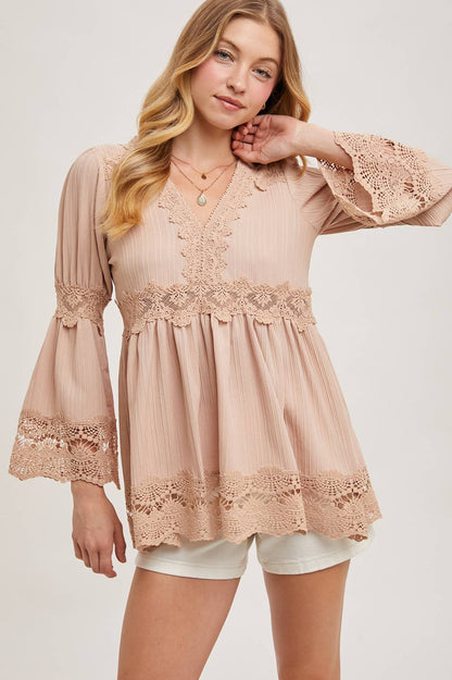 The Georgia Lace Trimmed Bell Sleeve V-Neck Blouse