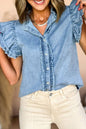Beau Blue Button Front Ruffled Frayed Denim Top