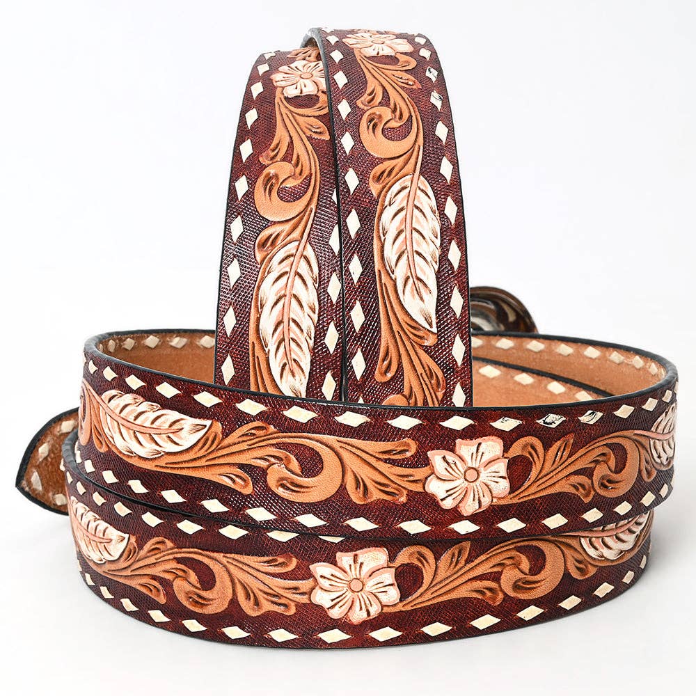 Tooled Leather Western Belt - Feathers & Florals with Silver Buckle
