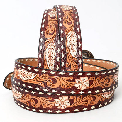 Tooled Leather Western Belt - Feathers & Florals with Silver Buckle