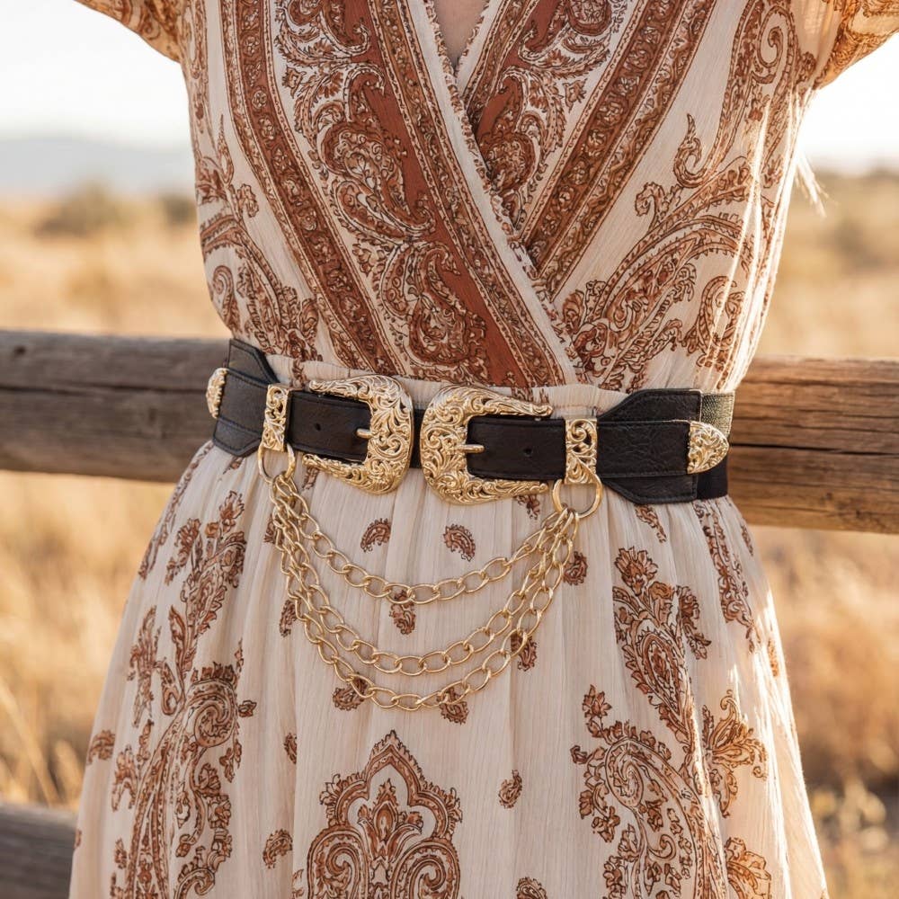 The Double Down Chain Belt – Gold Double Buckle Vegan Leather Belt