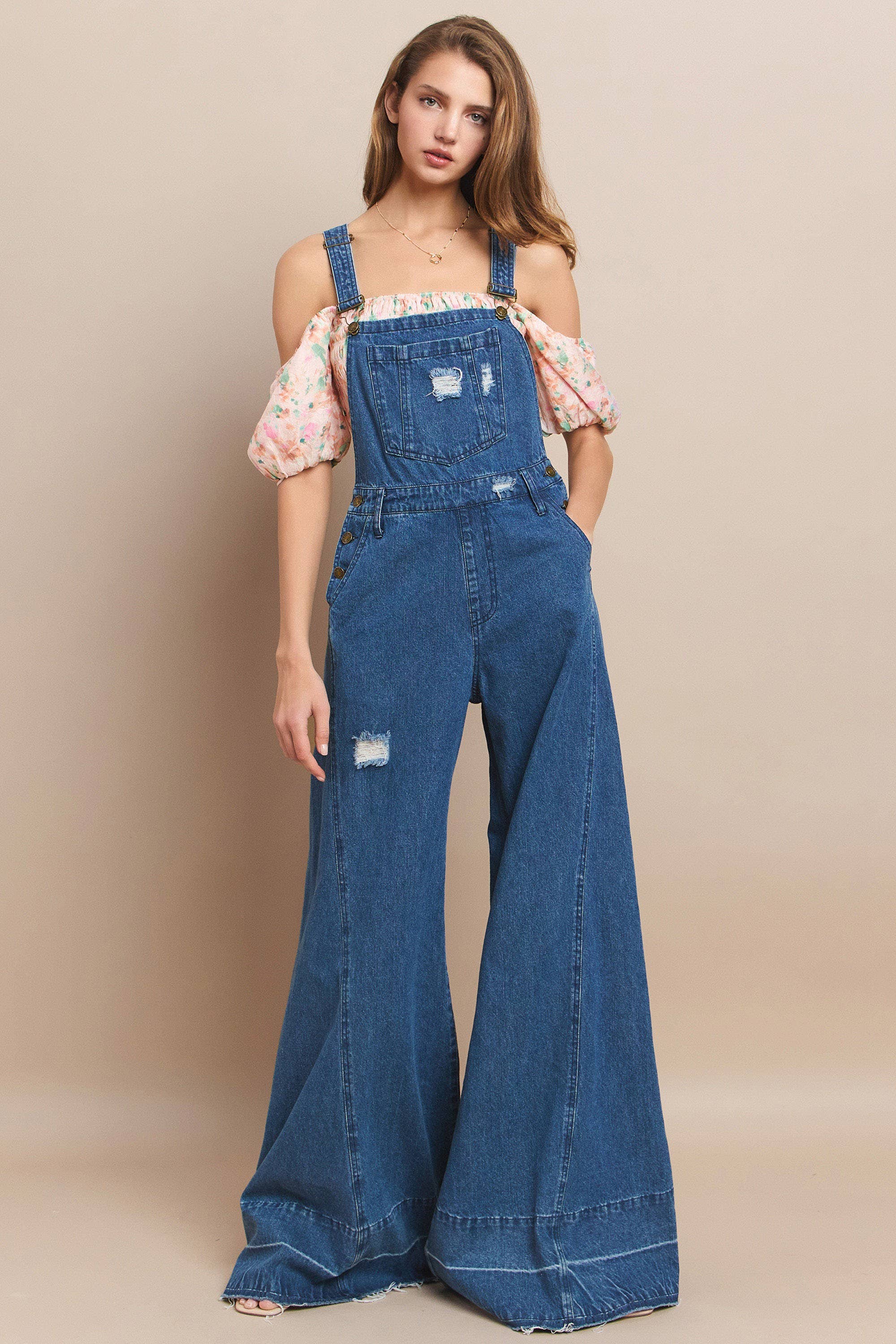 Wisteria Lane Wide Leg Denim Flare Overalls - medium denim