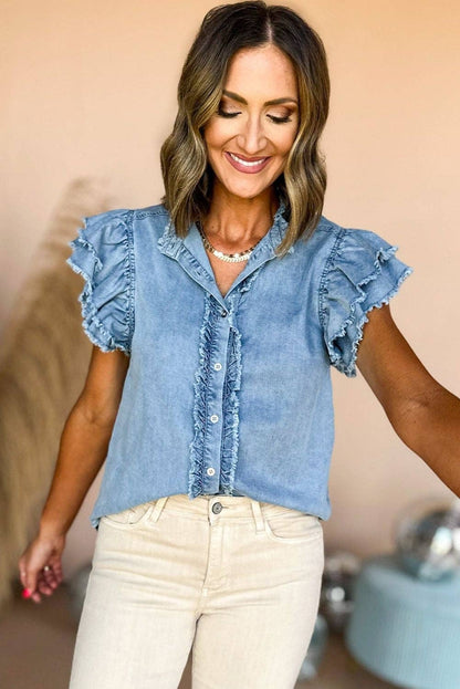 Beau Blue Button Front Ruffled Frayed Denim Top