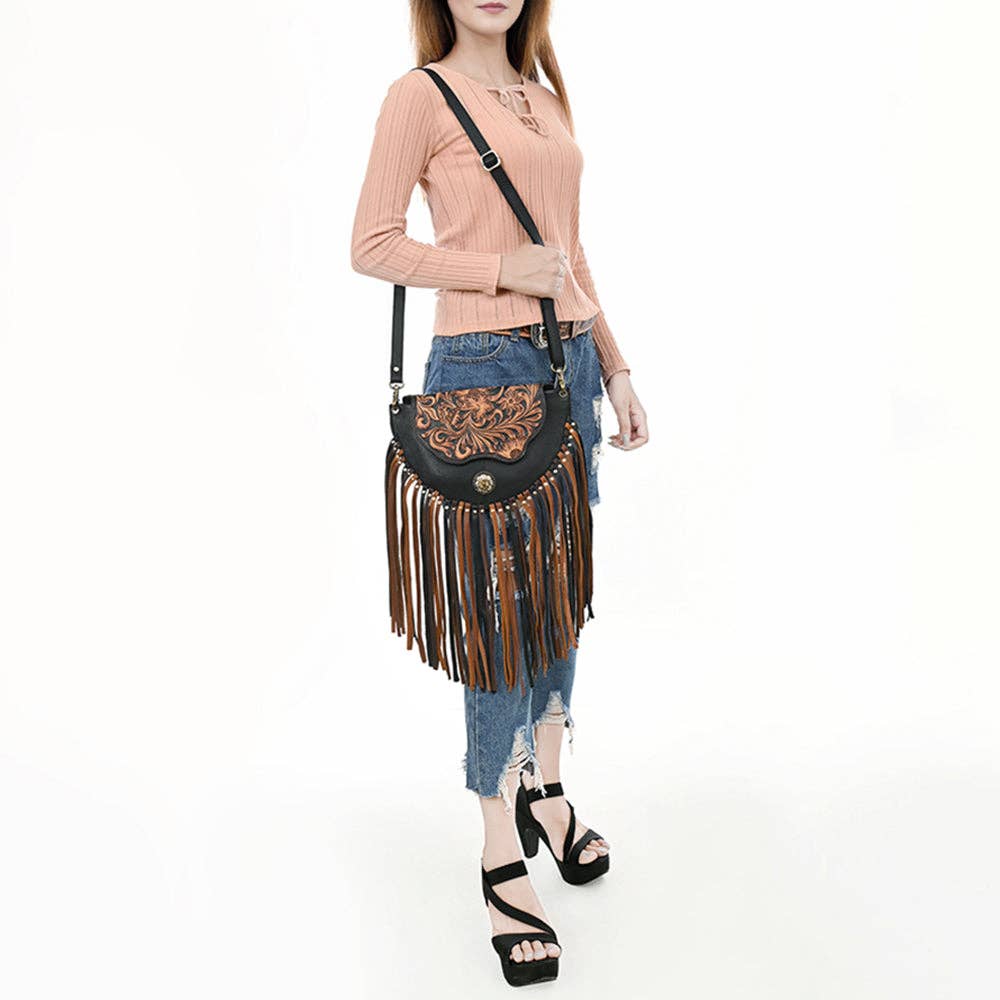 Genuine Leather Tooled Crossbody Fringe Bag