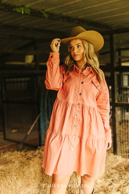 Peach Denim Button Down layered Dress