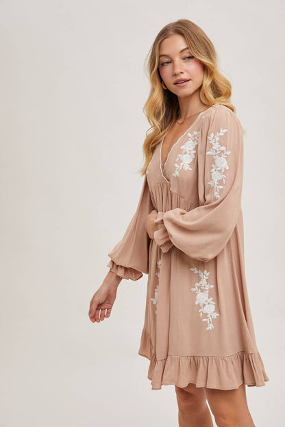 Boho Floral Embroidered Mini Dress