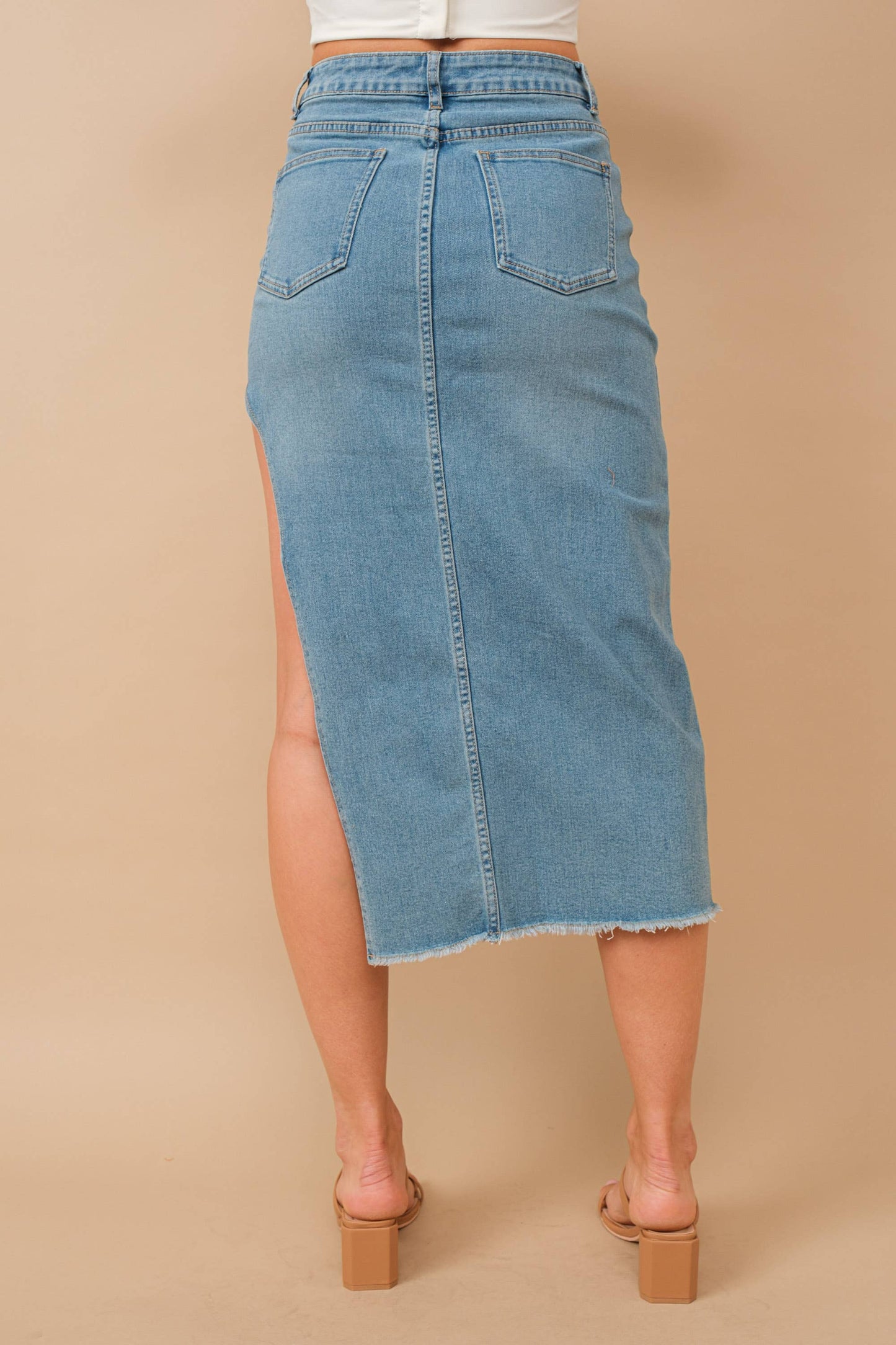Mid Rise Midi Side Cut Denim Skirt