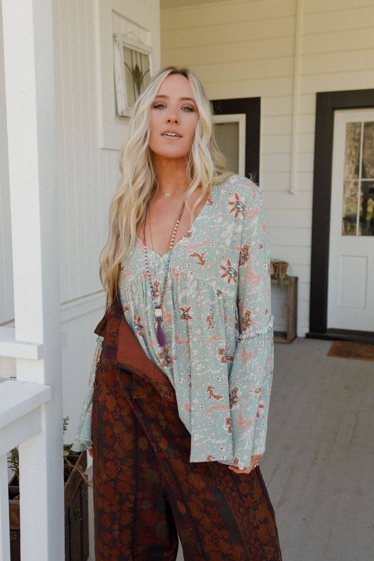 Brea Mixed Print Top by Three Birds Nest - Sage Floral Print