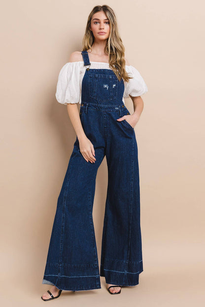 Wisteria Lane Wide Leg Denim Flare Overalls - dark denim