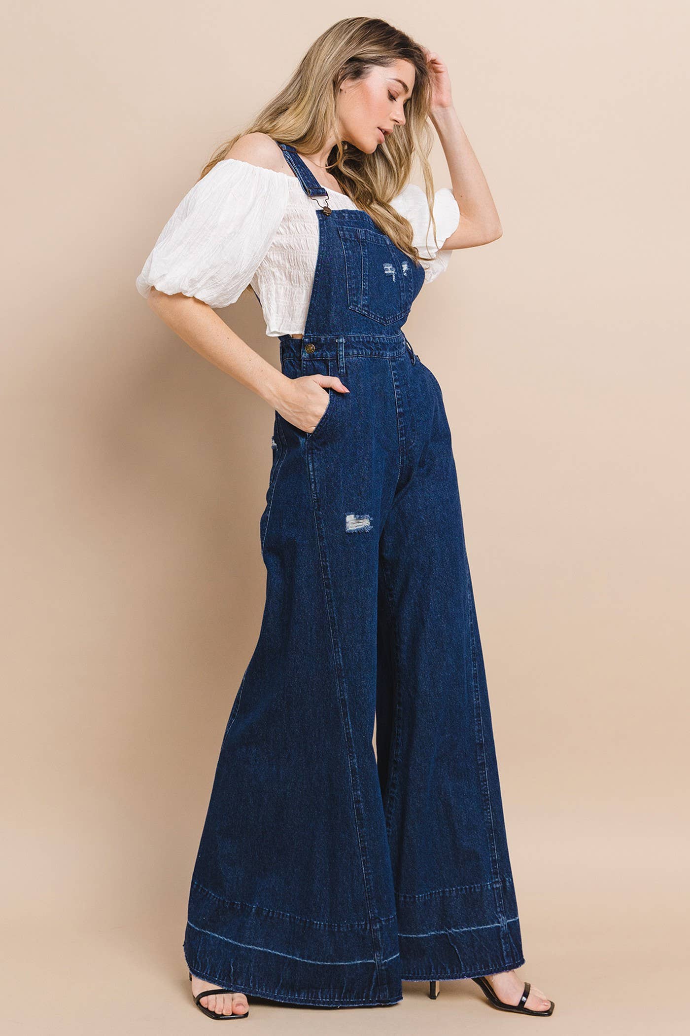 Wisteria Lane Wide Leg Denim Flare Overalls - dark denim