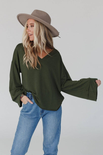 Three Bird Nest - Love It V Neckline Sweater Top - Olive