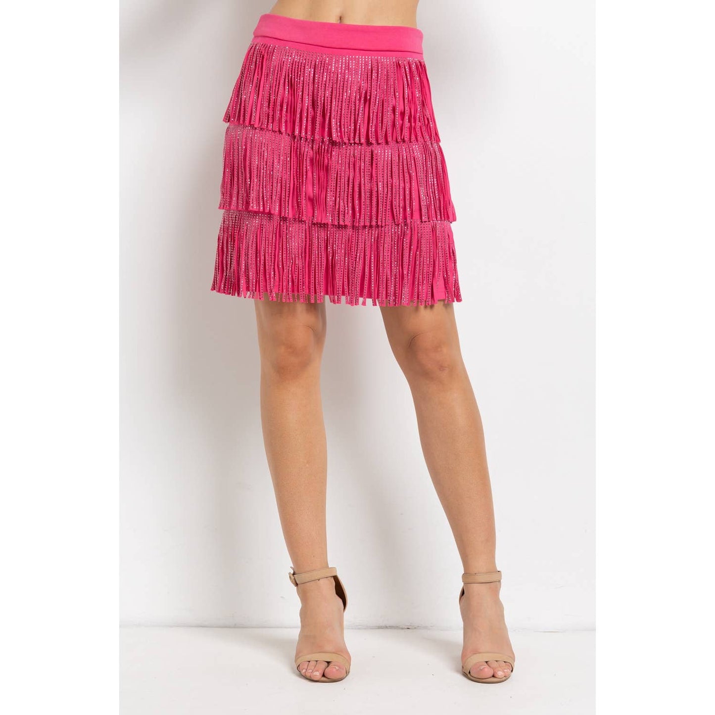 Rhinestone Suede Fringe Skirt - Pink
