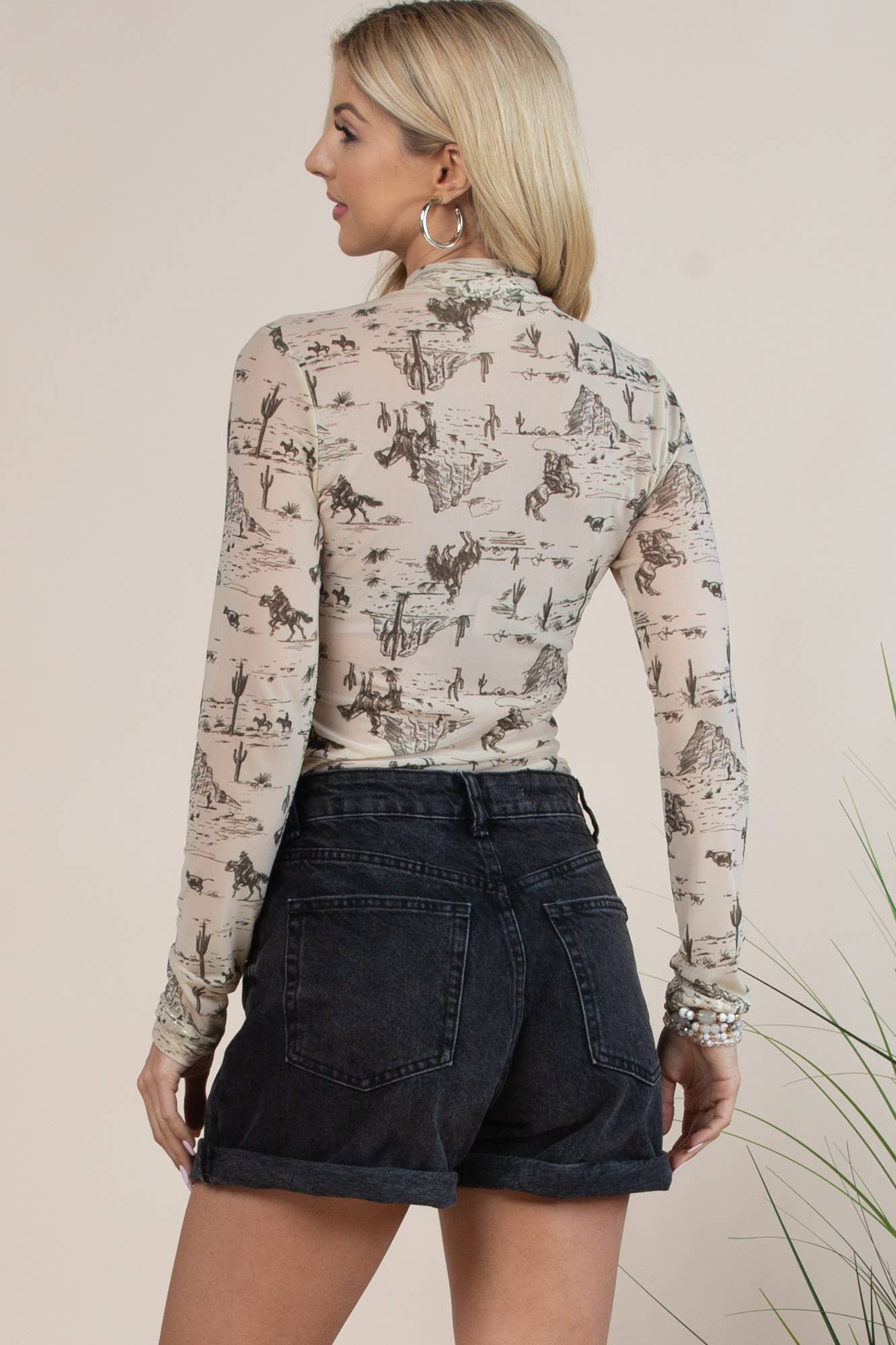 Western Cowboy Mock Neck Mesh Bodysuit