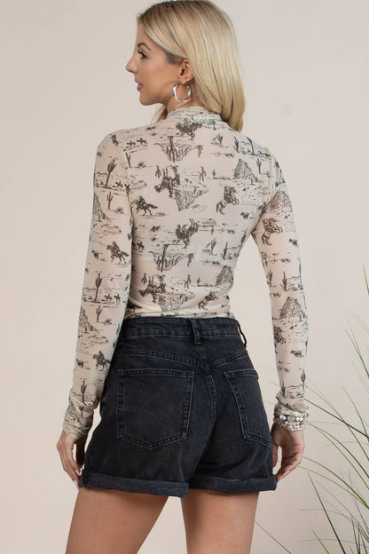 Western Cowboy Mock Neck Mesh Bodysuit