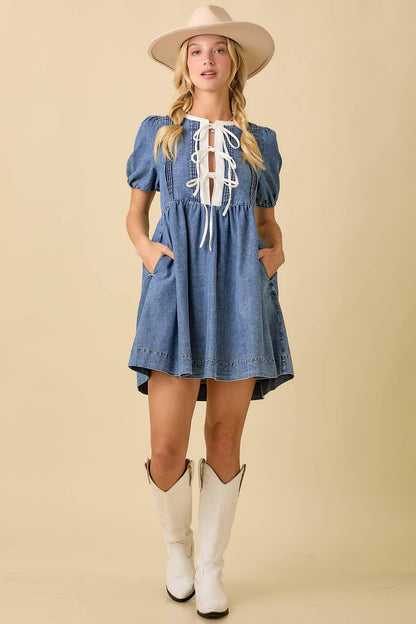 The Paisley Dress - Baby Doll Mini Denim Dress with Bows