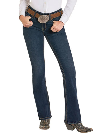 Mid Rise Boot Stitch Bootcut Riding Jeans by Rock and Roll Denim - Dark Wash