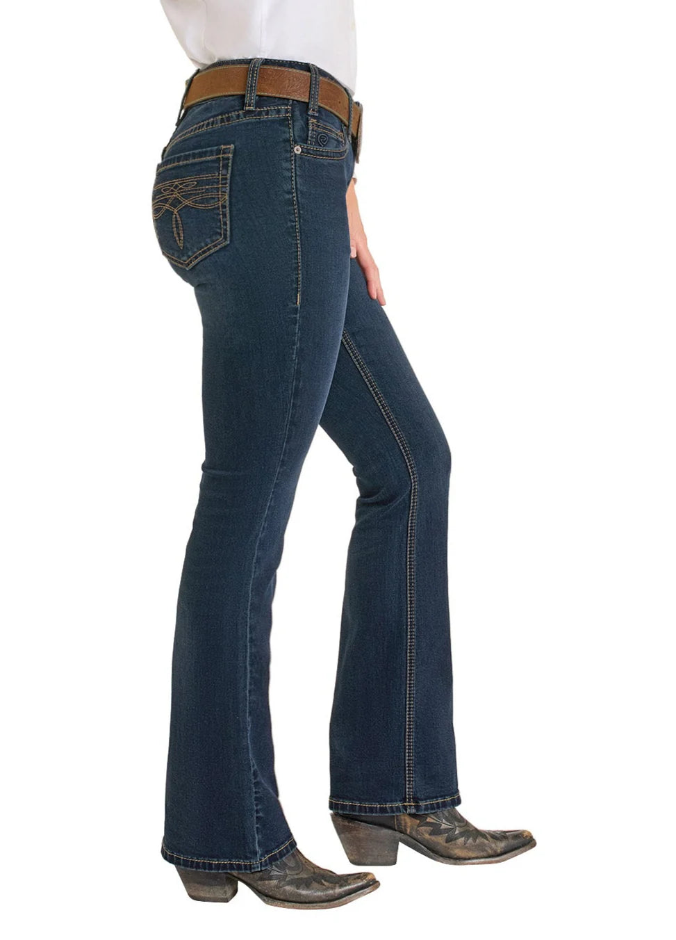 Mid Rise Boot Stitch Bootcut Riding Jeans by Rock and Roll Denim - Dark Wash