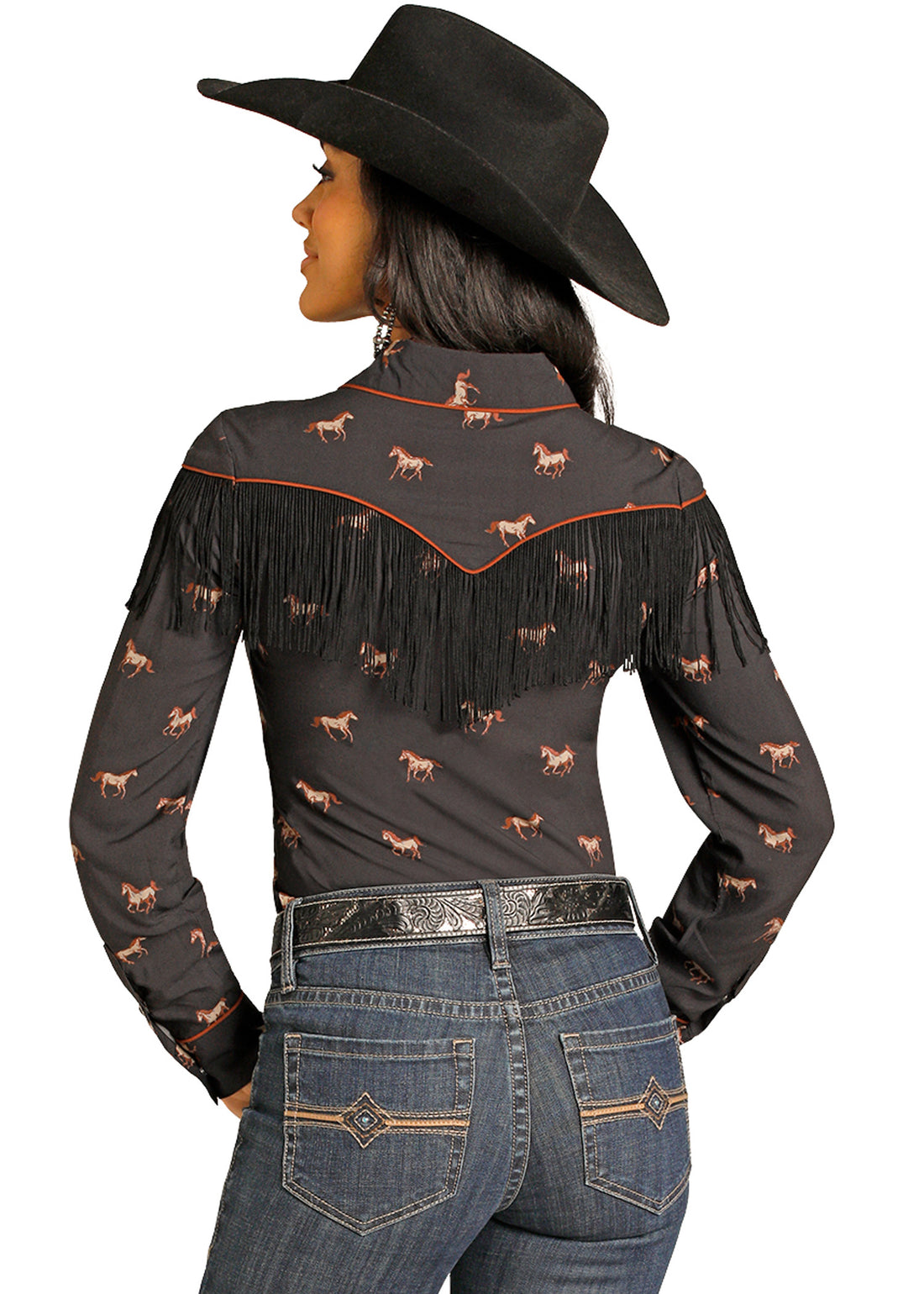 Running Horses Long Sleeve Fringe Snap Shirt by Rock n Roll Denim