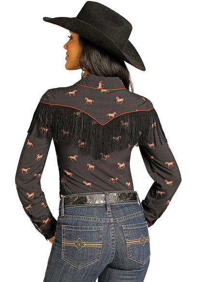 Running Horses Long Sleeve Fringe Snap Shirt by Rock n Roll Denim