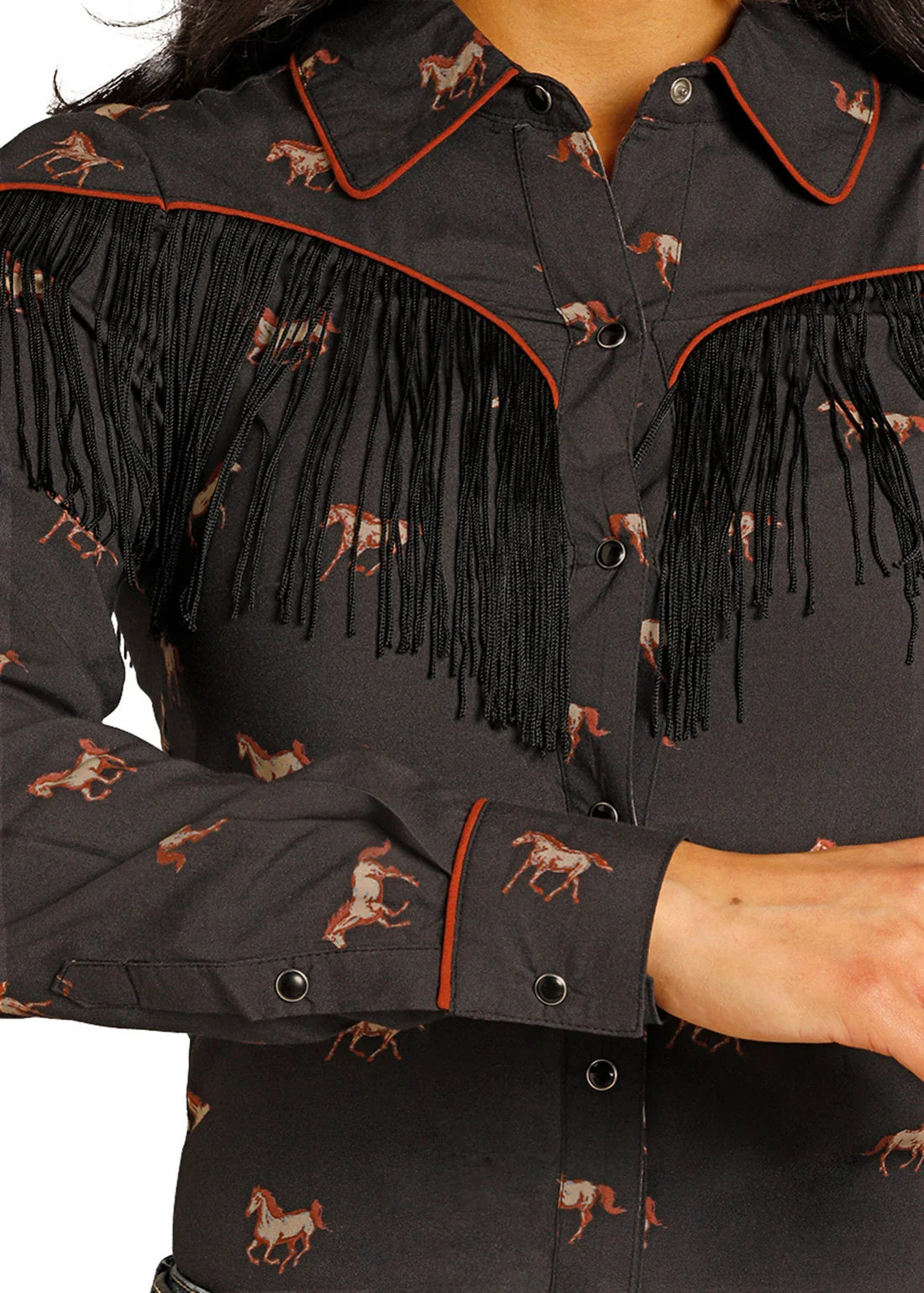 Running Horses Long Sleeve Fringe Snap Shirt by Rock n Roll Denim