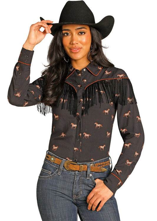 Running Horses Long Sleeve Fringe Snap Shirt by Rock n Roll Denim