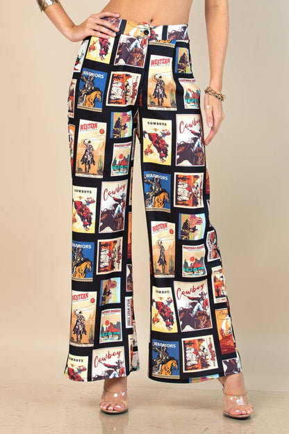 Western Cowboy Stamp Print Dress Pants