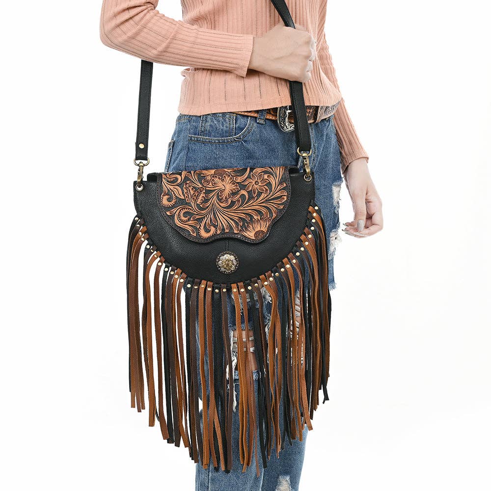 Genuine Leather Tooled Crossbody Fringe Bag