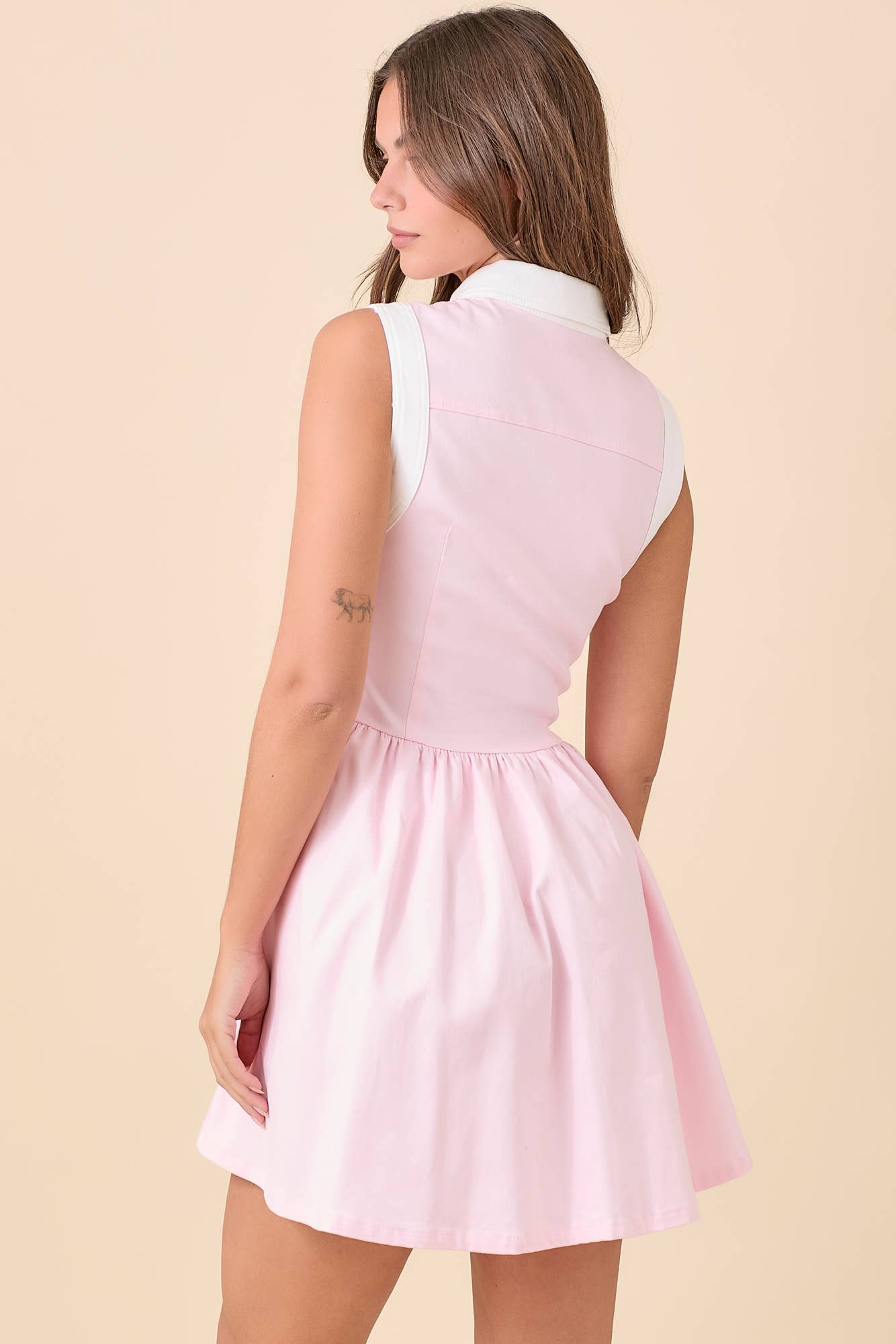 Collared Button Down Denim Mini Dress - Light Pink