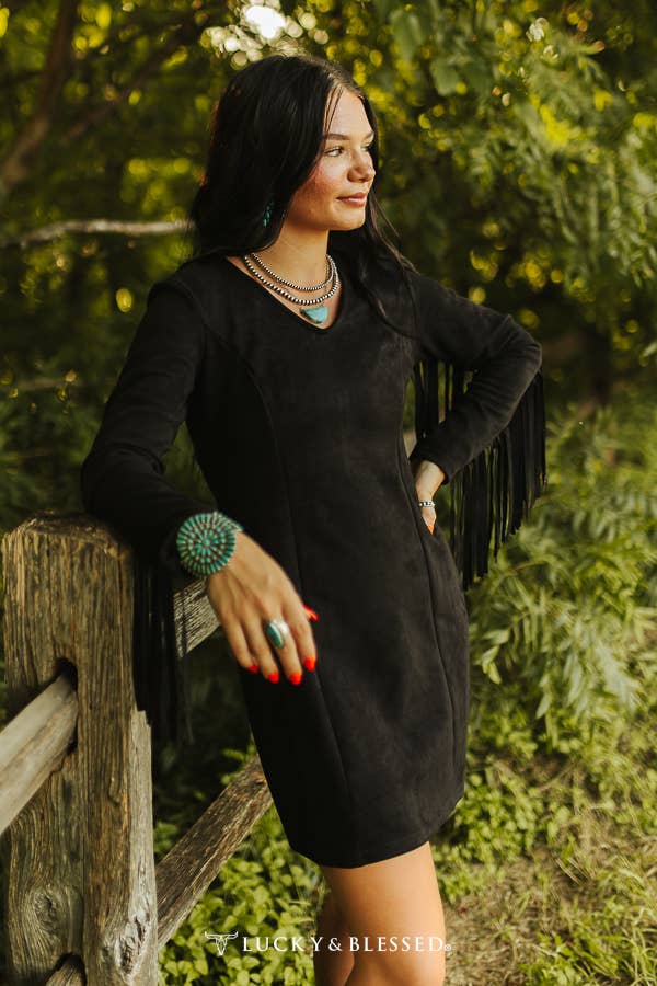 Black Suede Fringe Dress by Lucky and Blessed