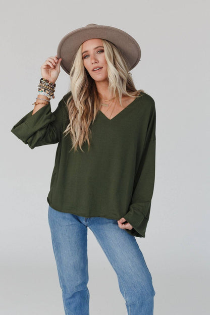 Three Bird Nest - Love It V Neckline Sweater Top - Olive