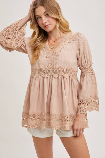 The Georgia Lace Trimmed Bell Sleeve V-Neck Blouse