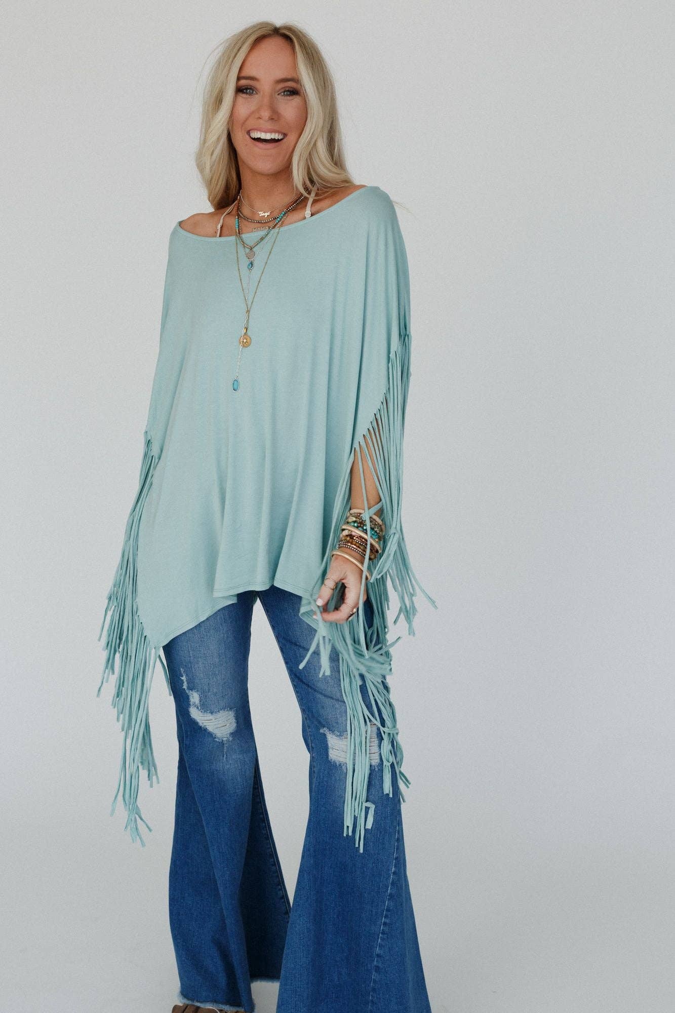 Three Bird Nest - Showstopper Fringe Top - Washed Seafoam