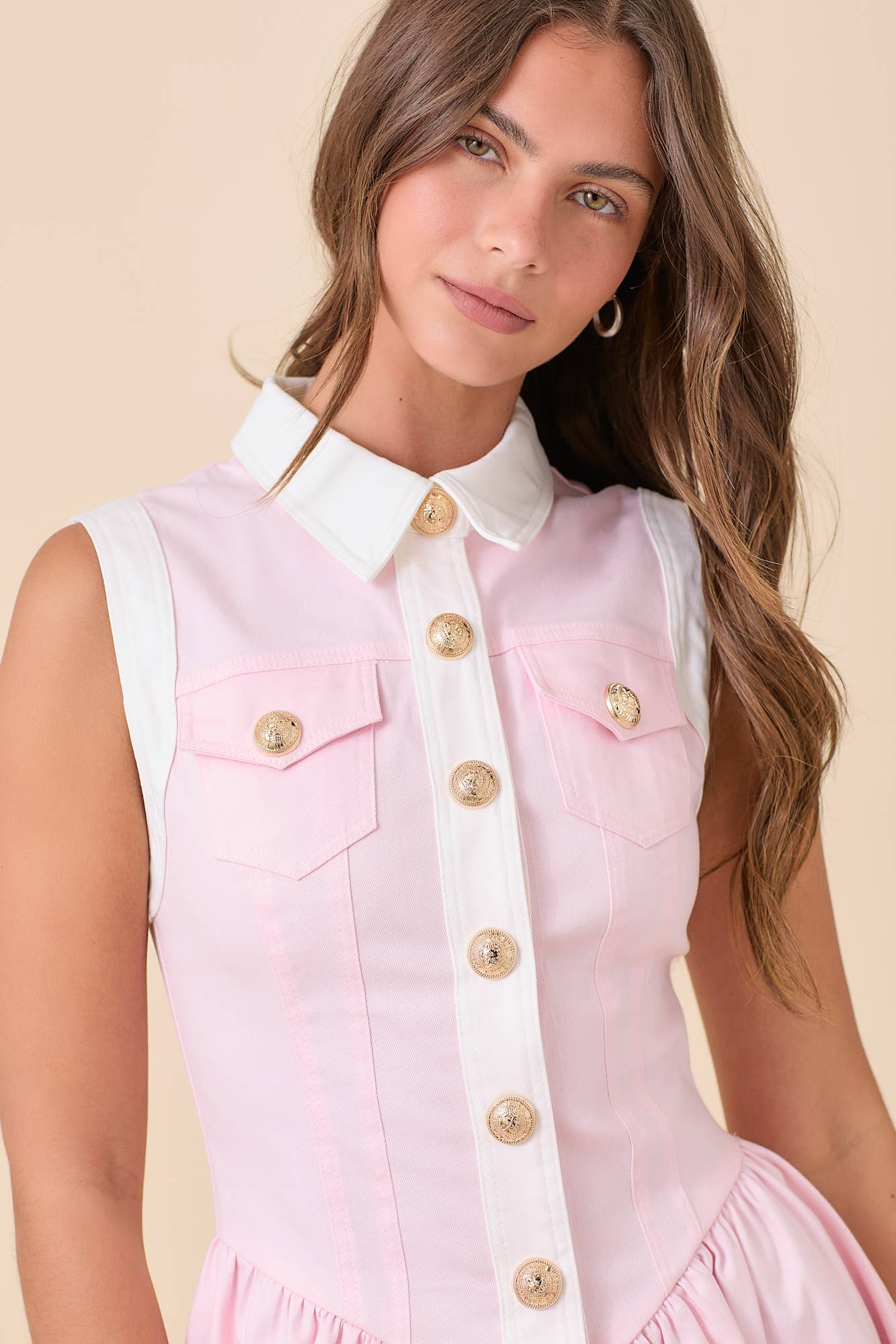 Collared Button Down Denim Mini Dress - Light Pink