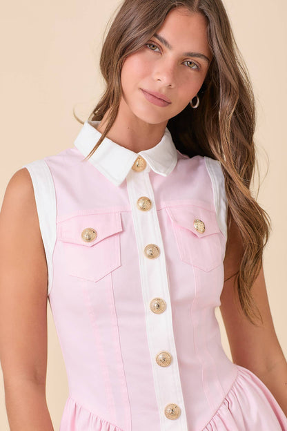 Collared Button Down Denim Mini Dress - Light Pink